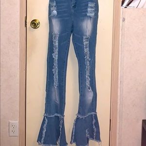 Pink flamingo 🦩 distressed denim bell bottom